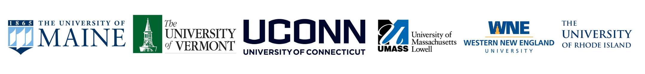 Partner University Logos. University of Maine, University of Vermont, University of Connecticut, University of Massachusetts Lowell, Western New England University, and the University of Rhode Island